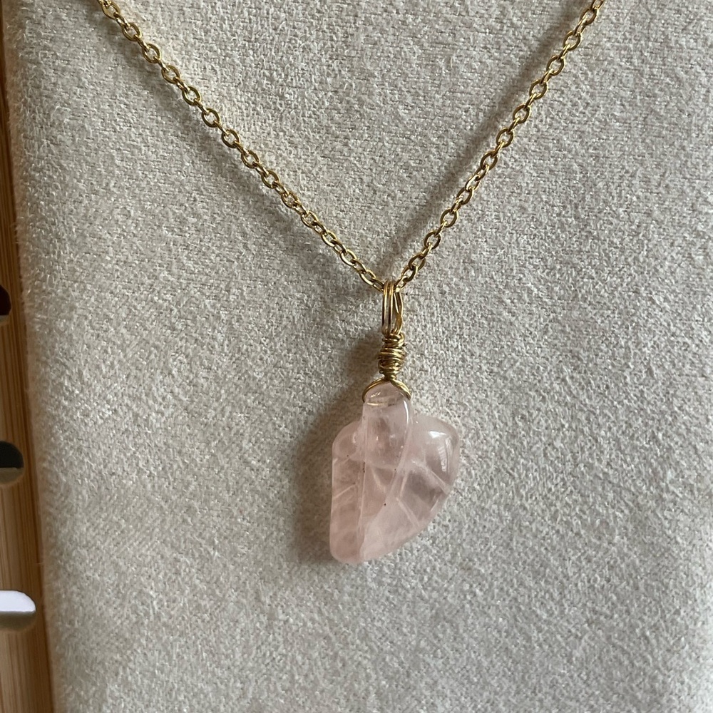 Rose Quartz Feather Pendant Necklace on Gold Chain – Handmade, New